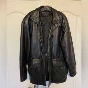 Men’s large black leather coat. Good preowned condition.